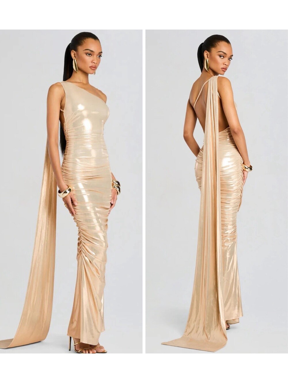 Stunning $798 Retrofete Shannon Dress Latte Gold Lame Cape Designer Dress XS/2